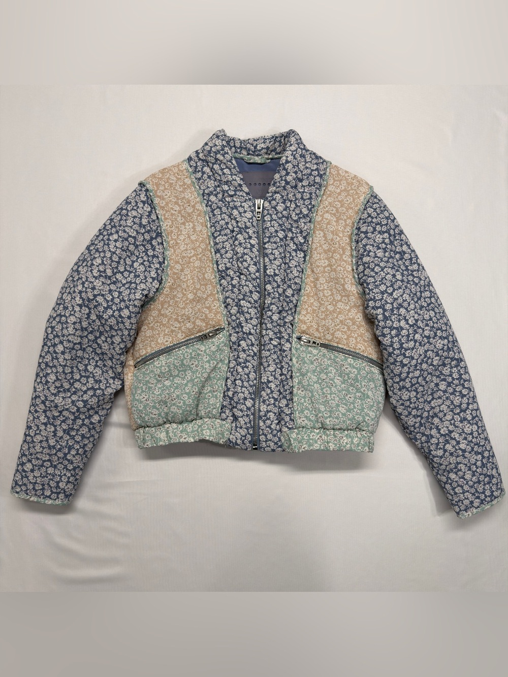 Blank NYC Cropped Quilted Floral Patchwork Puffer - Blue/Beige/Mint
